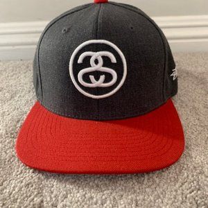 Stussy SS Link Charcoal Grey & Red Snapback Hat